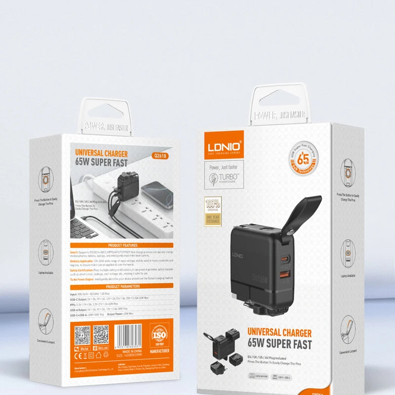 LDNIO Q2618 GaN 65W Universal Travel Adapter with USB-A & USB-C Ports