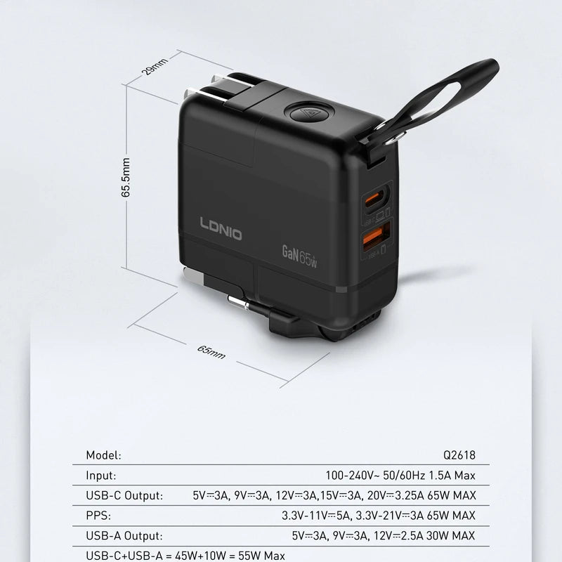 LDNIO Q2618 GaN 65W Universal Travel Adapter with USB-A & USB-C Ports