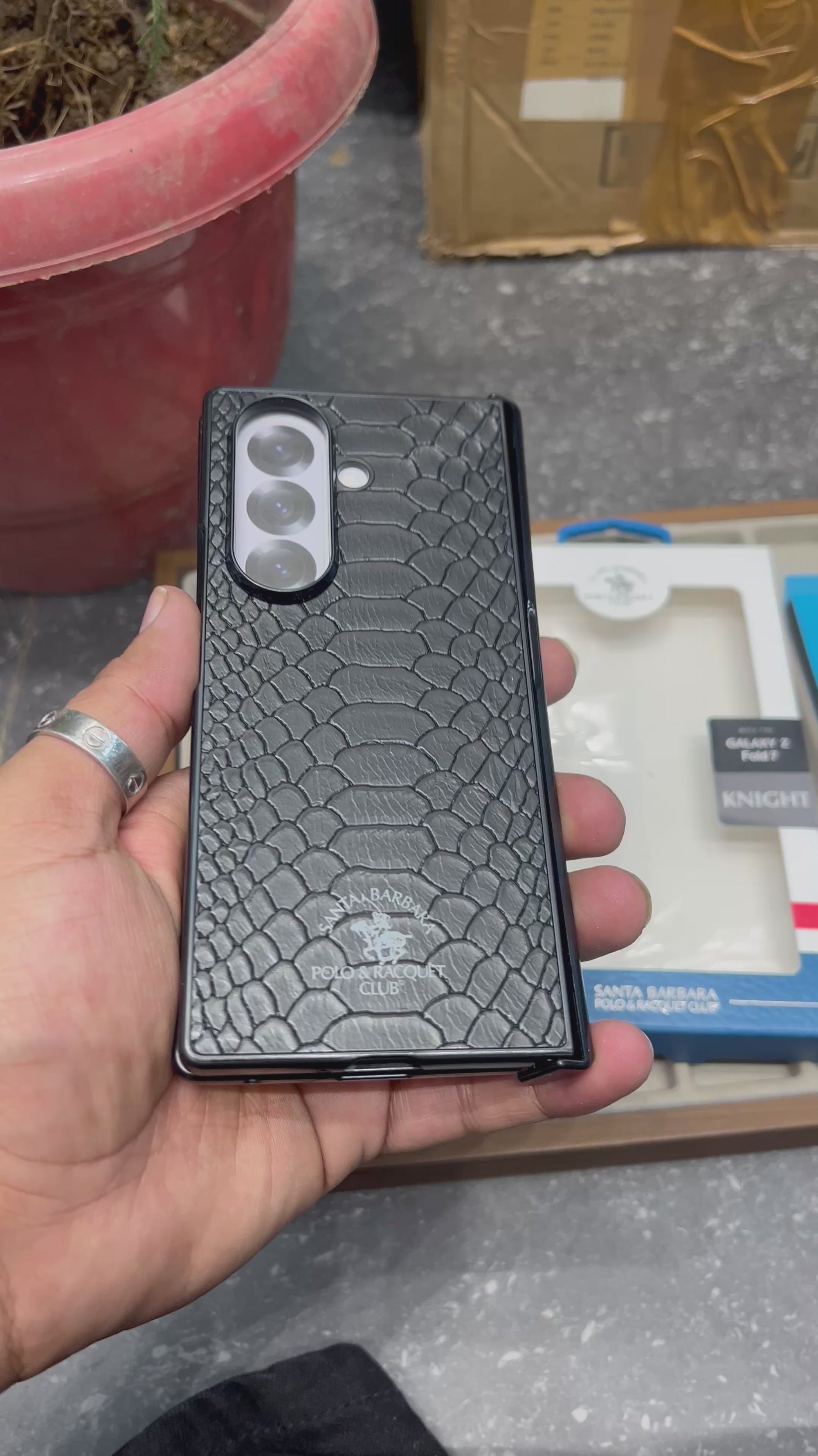 Samsung Galaxy Z Fold7 Original Santa Barbara Polo 'Hazel' Series Leather Case with Hinge Protection & Front Glass - Black